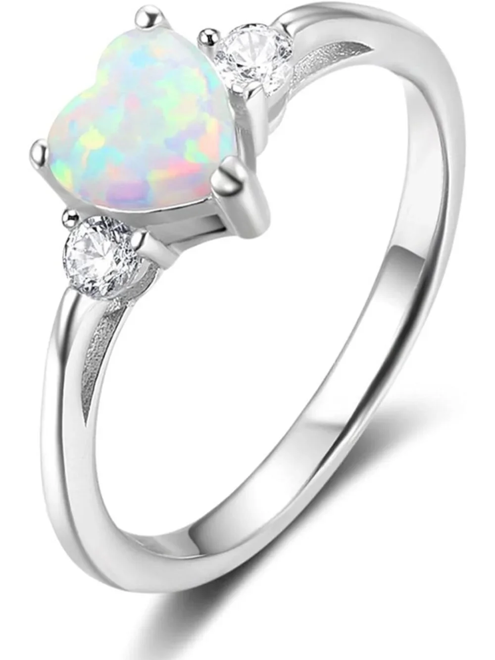 Sterling Silver Heart Shaped White Opal Engagement Promise Ring - Size